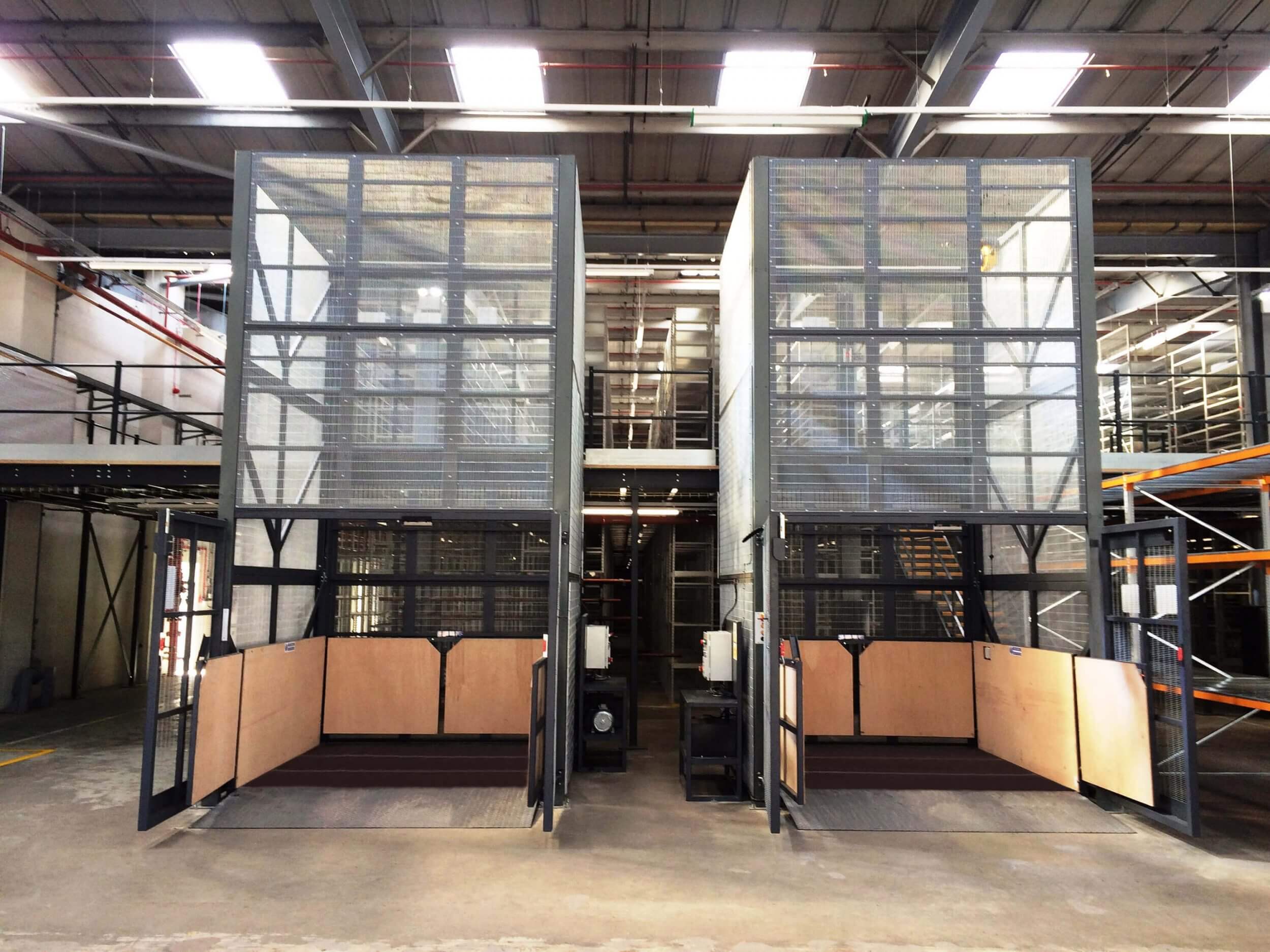 two mezzanine goods lifts